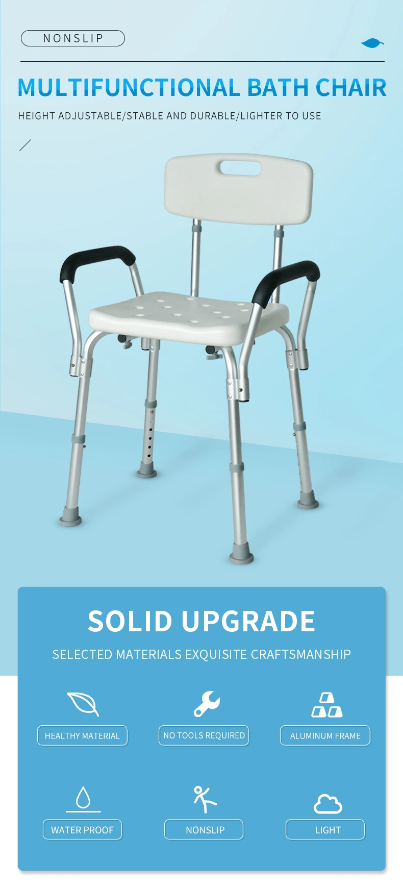 High Quality Lightweight Aluminum Height Adjustable Disable Bath Shower Chairs with Backrest